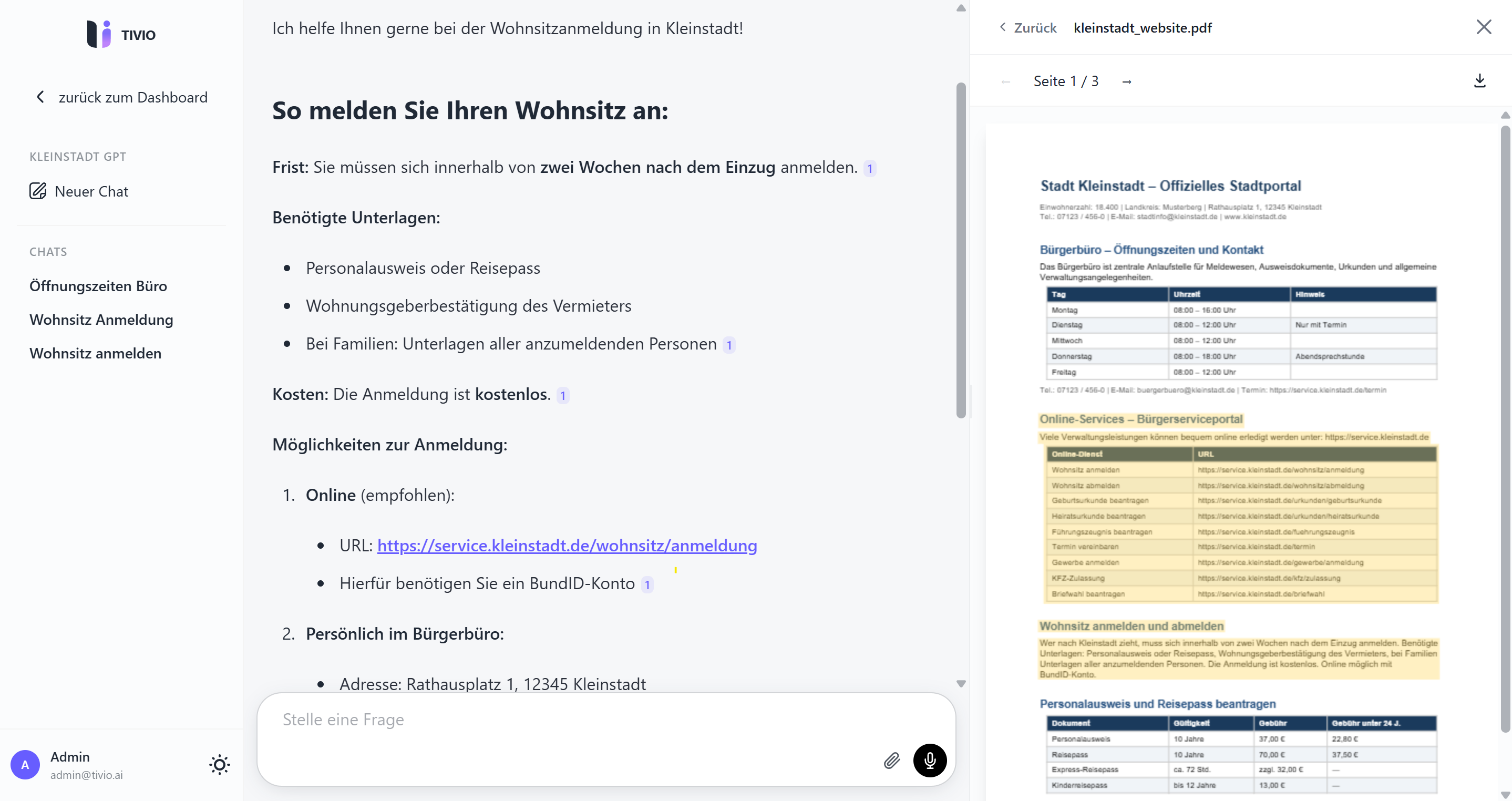 Der Arbeitsbereich neben der Unterhaltung: Rechts öffnet sich das zitierte PDF an der passenden Seite, die verwendete Textstelle ist farbig markiert.